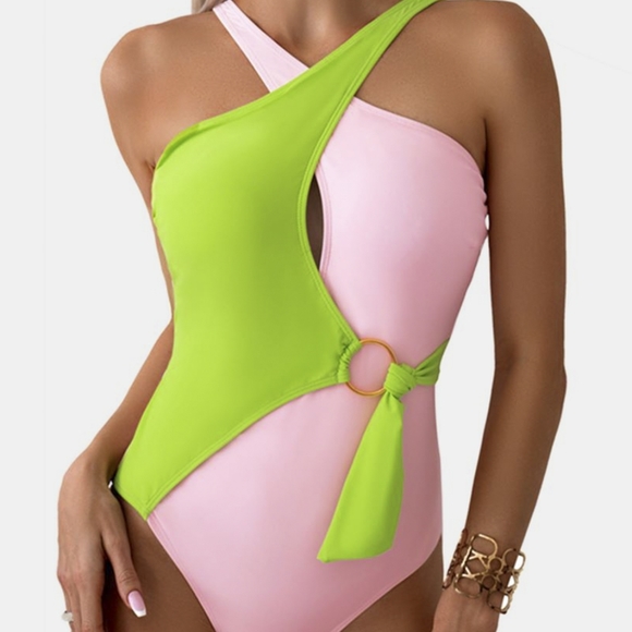 Blue Cutout Contrast Sleeveless One-Piece Swimwear - Picture 5 of 7